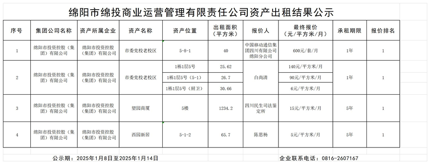 綿陽市綿投商業(yè)運(yùn)營管理有限責(zé)任公司資產(chǎn)出租結(jié)果公示_結(jié)果公示模板